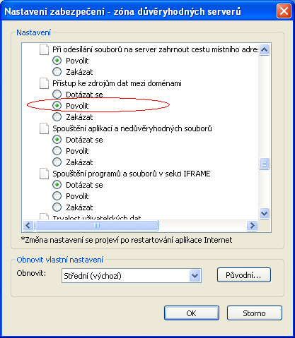 Pro zónu důvěryhodných serverů musí být nastavena vlastní úroveň zabezpečení.