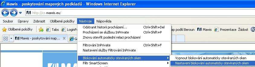 10,11) V IE lze nastavit blokování také v menu Nástroje > Blokování automaticky otevíraných oken > Vypnout/Zapnout blokování automaticky otevíraných oken (viz obr.