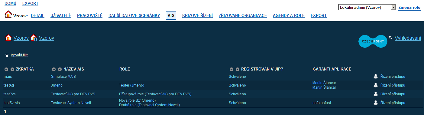 Zobrazí se domovská stránka Správy dat SOVM: 6.4 Vyhledání AIS V horním menu klikněte na položku AIS.