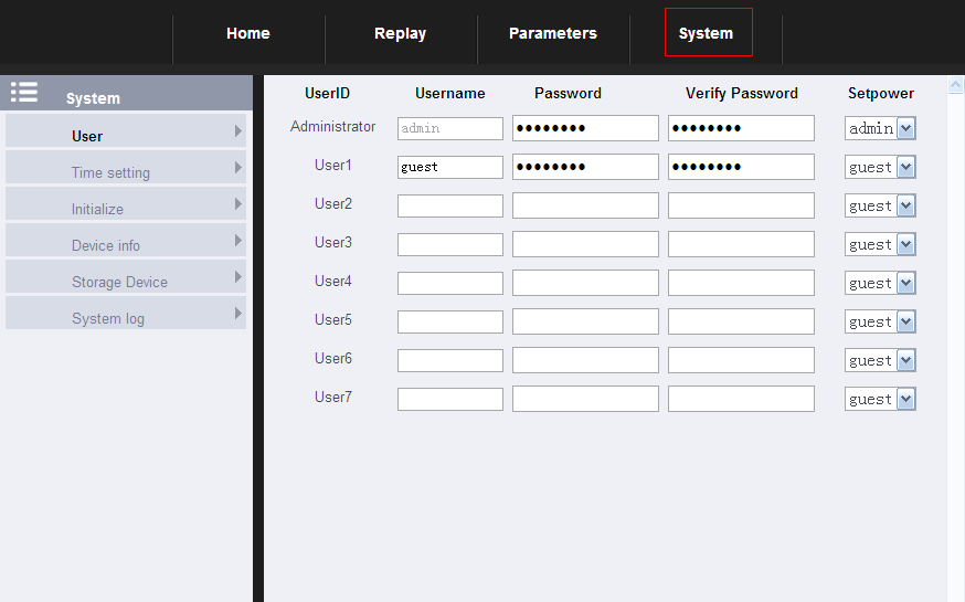 2.4 Systém Zde nastavujete chování systému kamery. 2.4.1 User setting Zde můžete vytvářet a upravovat uživatele kamery.