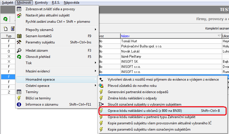 30. Kontrola vyplněného počtu provozoven Doplnění počtu provozoven provedete volbou Evidence / Subjekty, kde se nastavíte na ohlašující subjekt (resp.