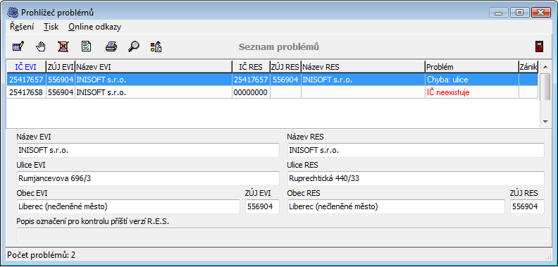 Kontrola RES rozeznává tyto problémy: IČ neexistuje (musí se dohledat správné IČ nebo označit pro příští kontrolu) Chybná ZÚJ (základní územní jednotka) (musí se opravit nebo převést na provozovnu)