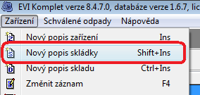 Pokud nemáte zařízení-skládku založenu, vyberte menu Zařízení / Nový popis skládky, kde vyplníte všechny hodnoty dle Rozhodnutí od KÚ a formulář uložíte klávesou F12. 13.