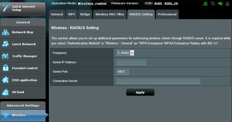 4.1.5 Nastavení RADIUS Nastavení RADIUS (Remote Authentication Dial In User Service) poskytuje dodatečnou vrstvu zabezpečení při výběru režimu ověřování WPA-podnikový, WPA2-podnikový nebo Radius s