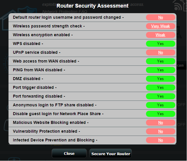 DŮLEŽITÉ! Položky s označením Yes (Ano) na stránce Router Security Assessment (Vyhodnocení zabezpečení směrovače) jsou považovány v bezpečném stavu.