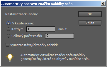 Kapitola 5: Příprava DVD menu 69 OBR. 5-3 NASTAVENÍ ČETNOSTI ZNAČEK SCÉNY Nabídka menu Disk Manuální tvorba značek Mazání, úprava a přesouvání značek nabídky Přednastavená možnost na Obr.
