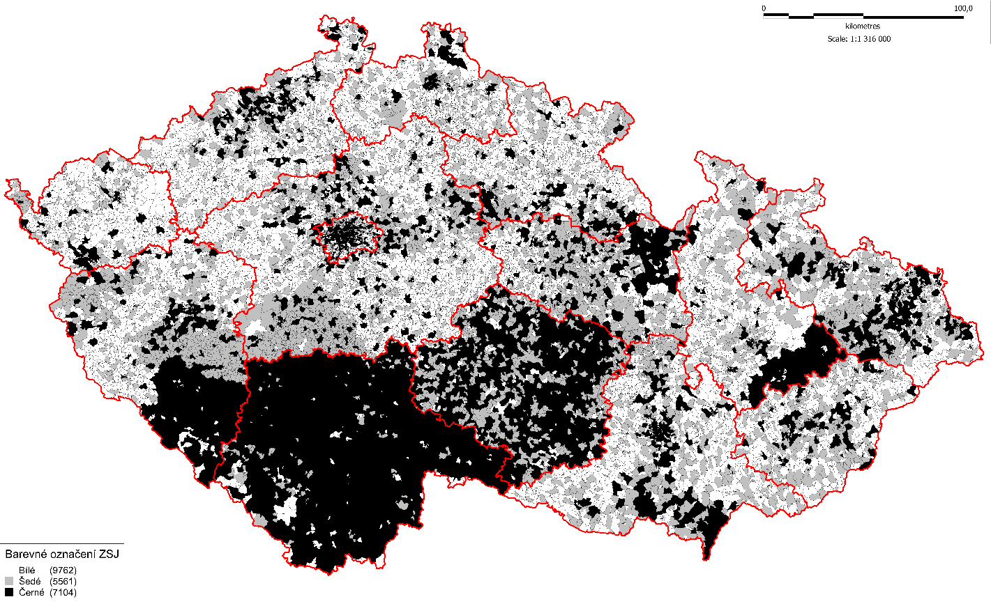 Indikativní mapa tzv. černých, šedých a bílých míst s barevným označením všech základních sídelních jednotek ČR - obrázek č.