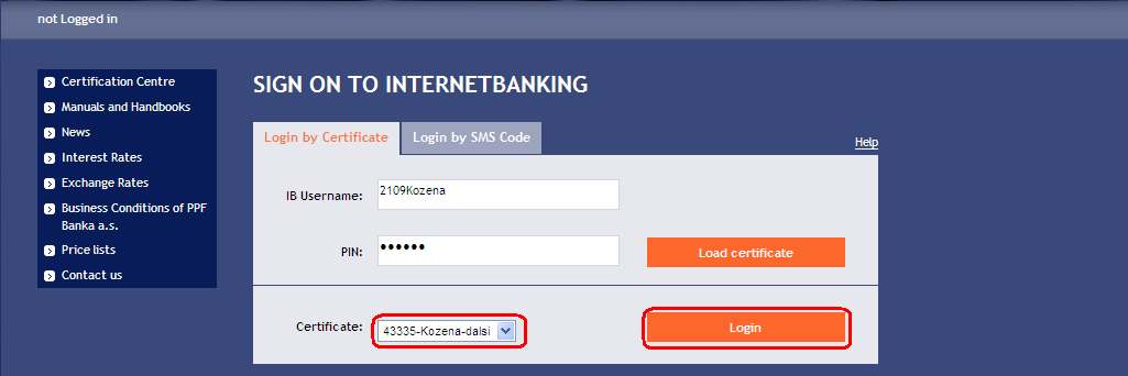 You can find contacts on Customer Service in the middle of the screen and you can choose a language of IB in the right lower corner of the screen. Then continue according to the way of logging in IB.