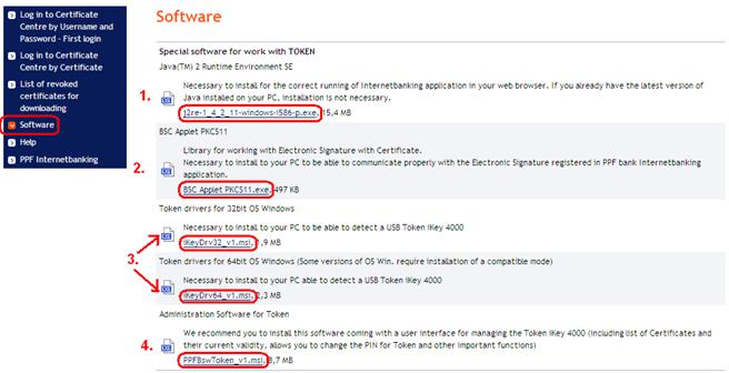 You can download drivers, a SW for the Token and an applet for encryption of data from the option Software.