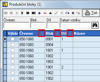 Přesun na předchozí stránku (Page Up). Přesun na předchozí záznam (Šipka nahoru). Přesun na následující záznam (Šipka dolů). Přesun na následující stránku (Page Down).