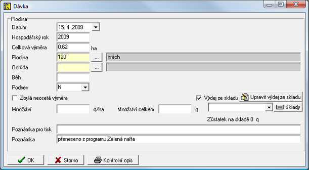 Všechny záznamy generované do programu Agronom mají uložené číslo dávky, tj. lze je dohledat (a případně hromadně smazat) v menu Nástroje, D - Dávkové operace v programu Agronom.