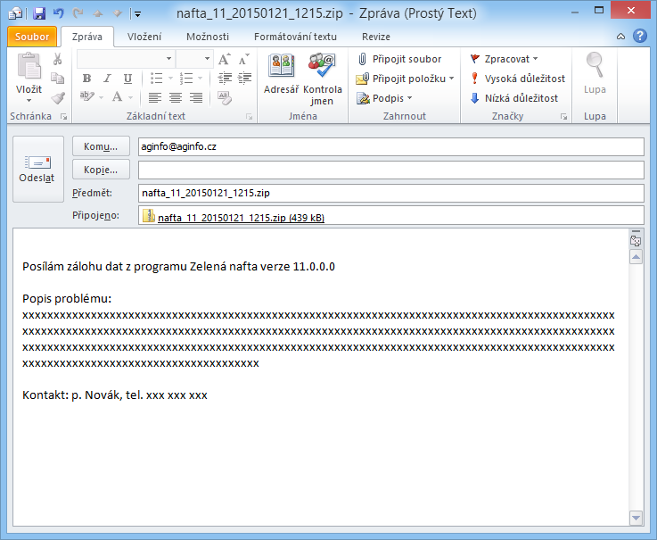3. Následuje zobrazení emailu, včetně zabaleného souboru zálohy jako