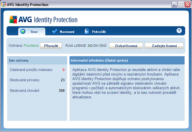 5. Uživatelské rozhraní Uživatelské rozhraní AVG Identity Protection je rozděleno do tří záložek: záložka Stav záložka Nastavení záložka Pokročilé 5.1.