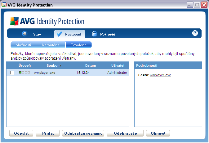 Kdykoli AVG Identity Protection detekuje podezřelou aktivitu a vy označíte tuto konkrétní aplikaci za bezpečnou, bude automaticky zařazena na seznam povolených procesů.