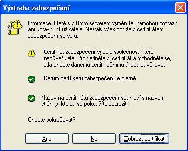 Výstraha zabezpečení Název certifikátu souhlasí