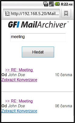 Rozhraní uživatele mobilu používá stejná nastavení jazyka jako ta, která uživatel nakonfiguroval v programu GFI MailArchiver. Více informací najdete zde: Změna předvoleb uživatele (page 38