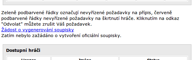 Obrázek 12: Soupiska odkaz na vygenerování soupisky Pokud nepotvrzené změny nemáte, mezi šedými plochami v soupisce hráčů naleznete odkaz s textem Žádost o vygenerování soupisky (obr.