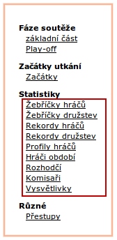 6.2.2 Hodnocení rozhodčích, nejlepší hráč, komisař Do těchto všech statistik se dá dostat z detailu soutěže pomocí odkazů v pravém menu (obr. 49).