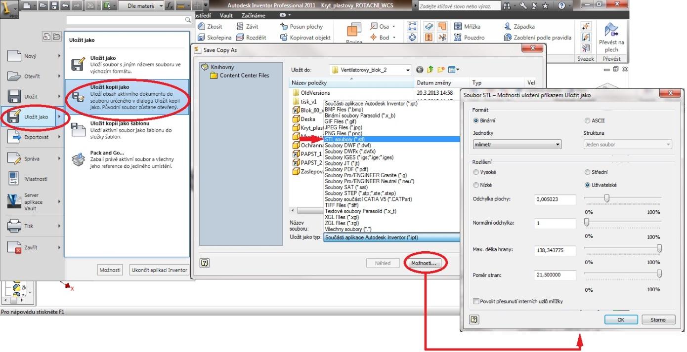 Obr 6 Převod modelu vytvořeného v Inventoru 2012 do STL formátu Další optimalizaci parametrů provedeme již v softwaru určeném pro 3D tiskárnu V tomto případě v programu Axon 2 Zde je řada volitelných