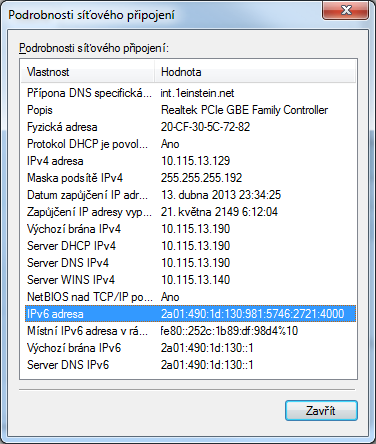 Obrázek 4.2: Konfigurace IPv6 ve Windows 7 Zdroj: Vlastní úprava Na obrázku 4.