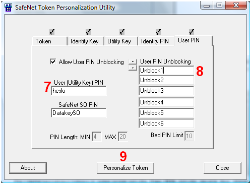 5. Přepneme na záložku User PIN Obr č. 32 6. Klikneme na zatržítko Allow User PIN Unblocking Obr č. 33 7.