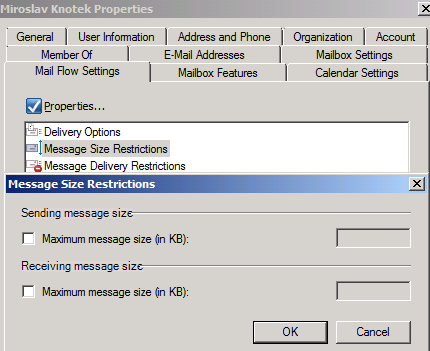 #23 maximum message size Nastavit konzistentně Recieve/send konektory Globální