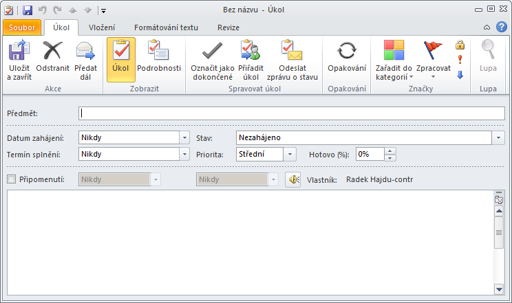 Modul ÚKOLY Popis prostředí Jedná se o jeden z nástrojů sloužící k organizaci času. Seznam úkolů se zobrazuje na několika místech - úvod Outlook dnes, panel úkolů, kalendář a výpis úkolů.