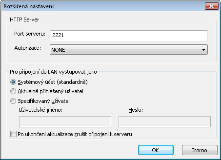 Při standardní instalaci je Port serveru předdefinovaný na 2221. Pole Autorizace definuje metodu autorizace pro přístup ke sdíleným aktualizačním souborům.