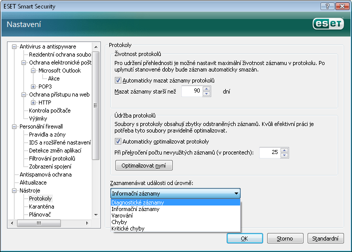 4.7.1 Správa protokolů Nastavení možností protokolování produktu ESET Smart Security je možné prostřednictvím hlavního okna programu Nastavení Zobrazit celý strom pokročilého nastavení Nástroje