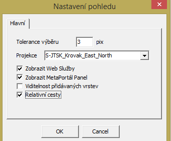 Okno s aktivními vrstvami v Nastavení /Pohled je nutno nejdříve zvolit souřadnicový