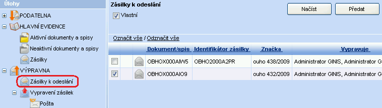 10 Vypravení dokumentu přes obálku Po zaevidování námi odesílaného dokumentu a určení způsobu odeslání, vznikne ve výpravně zásilka pro odeslání.