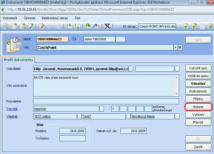 Když následně nahlédneme například do historie dokumentu (detail dokumentu,