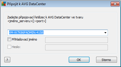 Obecná forma připojovacího řetězce je: http://adresa_serveru:port, kde: adresa_serveru reprezentuje název či URL serveru, na kterém běží AVG Admin Server. port je port AVG Admin Serveru.