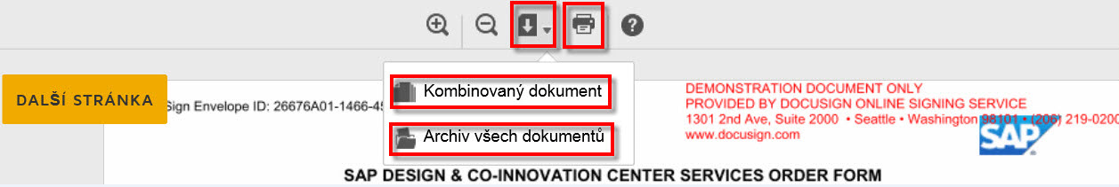 5. Download or Print All Documents (Stáhnout nebo vytisknout všechny dokumenty) Pokud chcete stáhnout nebo vytisknout všechny dokumenty v obálce: