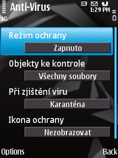 A P L I K A C E K A S P E R S K Y M O B I L E S E C U R I T Y 9.0 P R O O P E R A Č N Í S Y S T É M S Y M B I A N 2. Vyberte nastavení Reţim ochrany hodnotu Zapnuto (viz obrázek dole).