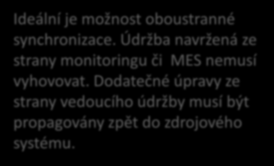 Údržba navržená ze strany monitoringu či MES nemusí vyhovovat.