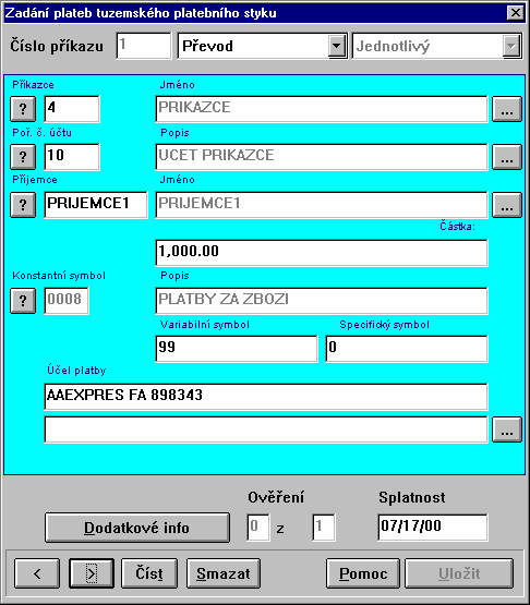 Obr. 2 - Příklad zadání expresního platebního příkazu v OfficeNet ČR verze 3.