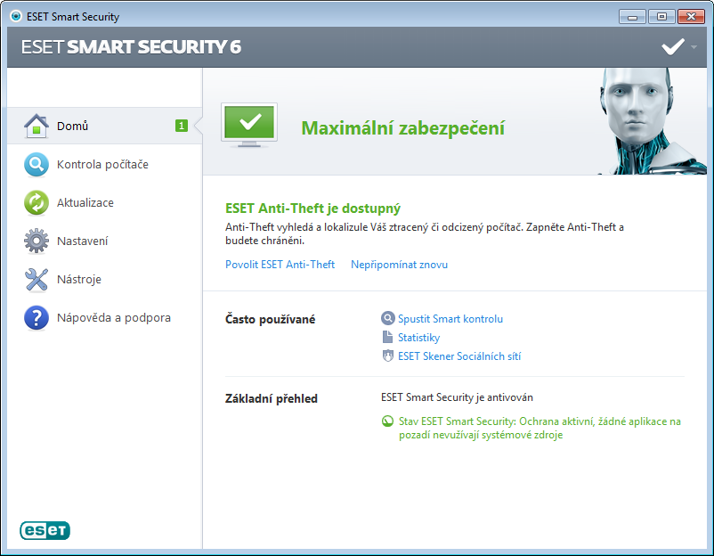 3. Začínáme Následující část poskytuje první pohled na produkt ESET Smart Security a jeho základní nastavení. 3.