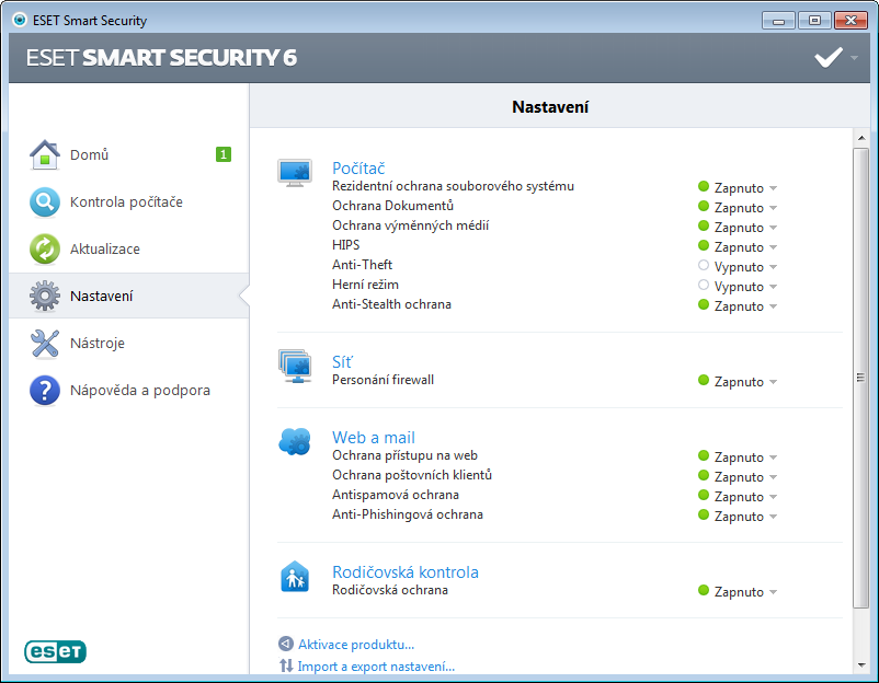4. Práce s ESET Smart Security 6 Podrobná nastavení v ESET Smart Security umožňují nastavit úroveň ochrany počítače a síťové komunikace.