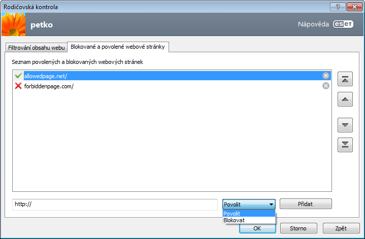 4.4.2 Blokované a povolené stránky Seznam povolených webových stránek je na levé straně, seznam blokovaných na pravé. Pod každým seznamem jsou tlačítka Přidat a Odebrat.