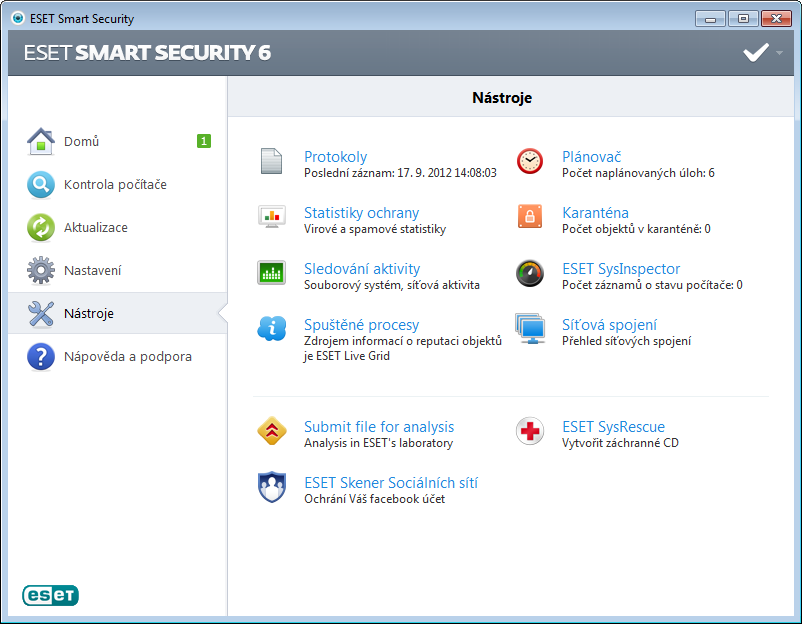 4.6 Nástroj e Menu Nástroj e obsahuje moduly které usnadňují správu ESET Smart Security a nabízejí rozšířené možnosti pro pokročilé uživatele.