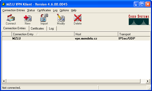 Díky nainstalovaným certifikátům máme již právě spuštěný MENDELU VPN Klient nakonfigurovaný a můžeme se připojit pomocí Connect (obr. 36). Obr.