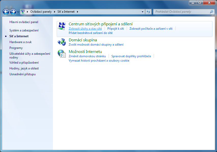 V ovládacích panelech zvolte Síť a internet Obr.