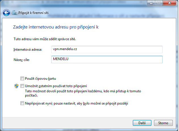 Z následnujícího výběru zvolte první možnost. Obr. 49: VPN připojení Do pole Internetová adresa zadejte vpn.