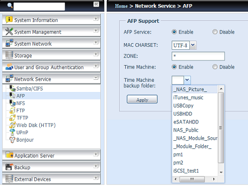 Následují popisy jednotlivých poloţek: Apple Network Configuration (Konfigurace sítě Apple) Položka Popis AFP Server (Server Povolit/zakázat Apple File Service umoţňující pouţitíthecus IP s AFP)