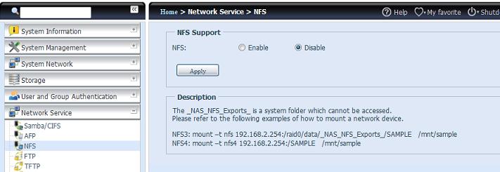 Následují popisy jednotlivých poloţek: NFS Server Setting (Nastavení serveru NFS) Položka Popis NFS Povolte nebo zakažte podporu NFS. Apply (Pouţít) Uloţte změny klepnutím na Použít.