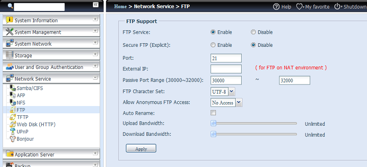 Z nabídky Systémová síť vyberte FTP a zobrazí se obrazovka FTP. Libovolné z těchto nastavení můţete změnit a potvrdit stiskem Použít.