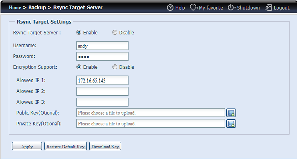 -Otevřete Rsync Target Server (Cílový server Rsync) volbou Backup (Záloha) v nabídce v UI 1. Povolte Rsync Target Server (Cílový server Rsync) 2.