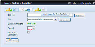 3. Create image file from files/folders (Vytvoření obrazu dat ze souborů/sloţek) a. Klepněte na Add (Přidat) a zobrazí se seznam sdílení NAS b. Vyberte soubory/sloţky, které chcete vypálit.