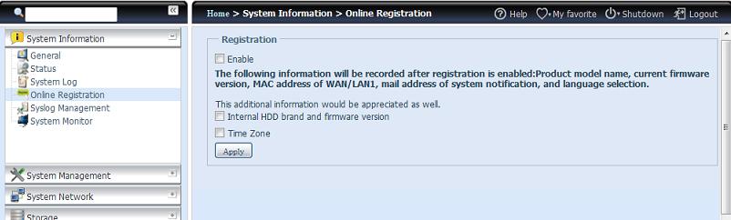 On-line registr Z nabídky System Information (Systé mové informace) vyberte Online Registration (On-line registr) a zobrazí se Online Registration (On-line registr).